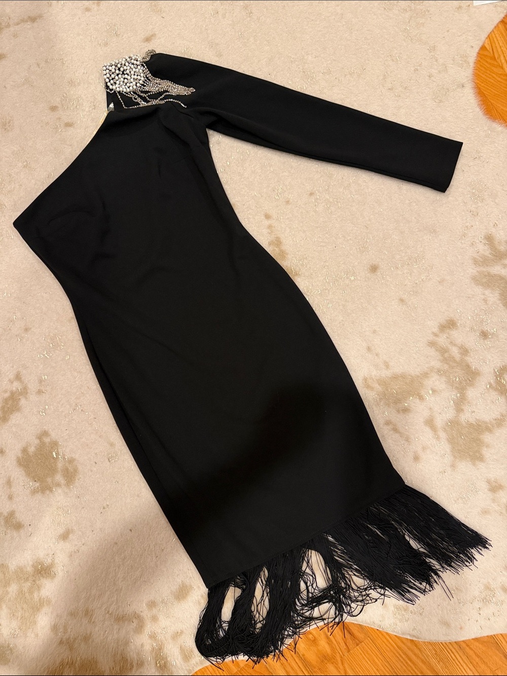One-Shoulder Black Fringe Cocktail Dress with Beaded Neck